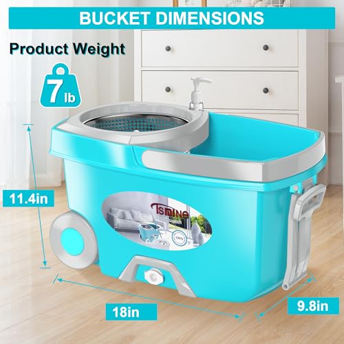 FunClean Spin Mop and Bucket for Home Cleaning, 360° Rotating Floor Mop with Wringer, Adjustable 61" Handle for Back Pain Relief, 6 Microfiber Replacement Heads, 2 Easy-Move Wheels - Blue