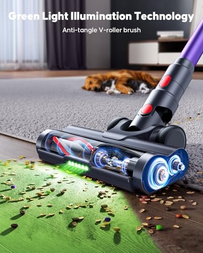 Cordless Vacuum Cleaner, 55KPa 650W Powerful Stick Vacuum for Home, 60Mins Runtime, 1.8L XL Dust Cup One-Touch Empty, Green LED Anti-Tangle Brush & Fragrance, for Pet Hair Carpet Hard Floor