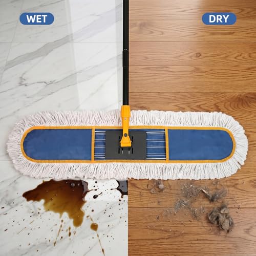 36" Commercial Dust Mop for Floor Cleaning, Heavy Duty Industrial Dry Dust Mop with 2 Mop Pads & 59" Long Handle, Professional Janitorial Cleaning Supplies for Home, Garage, Hotel, School, Gym