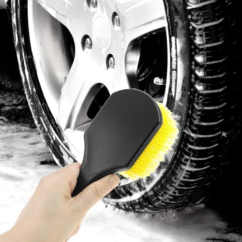 QWORK 8" Utility Scrub Brush with Plastic Handle and Yellow Polypropylene Bristles, 2 Pack Multi-Purpose Cleaning Tool for Wheels and Tires