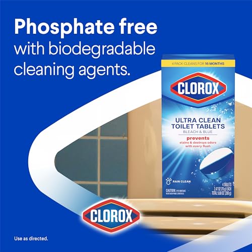 Clorox Ultra Clean Toilet Tablets Bleach & Blue, Rain Clean Scent, Toilet Cleaner Kills 99.9 Percent of Bacteria with the Power of Clorox Bleach, 2.47 oz., 4 Count