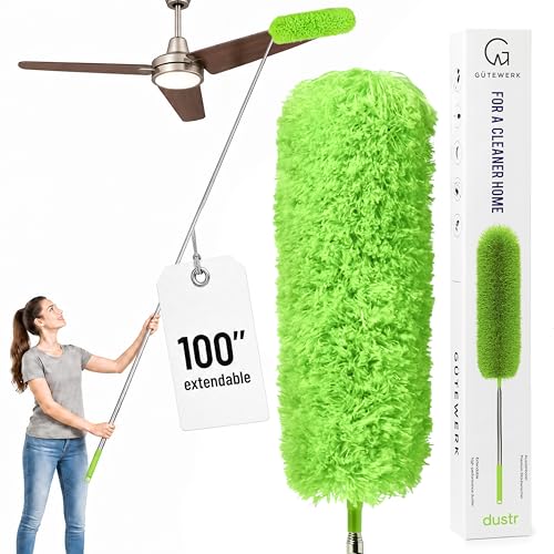 Gütewerk Extendable Microfiber Duster, 100 Inch - Feather Dusters for Cleaning Ceiling Fans, Blinds, Baseboards & High Ceilings - Washable, Electrostatic, 360° Bendable Head, Stainless Steel Pole