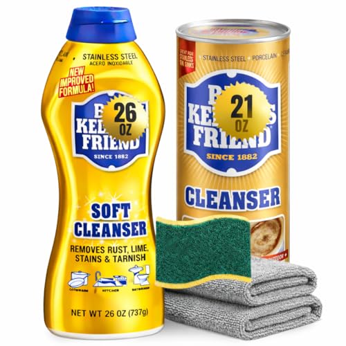 R&C Store Essentials Home Cleaning Kit, Multi-Surface Rust, Lime & Stain Remover Bundle, Includes 26 oz Soft Cleanser, 21 oz Cleaning Powder, Scrub Sponge and Microfiber Towels, Kitchen & Bathroom Set