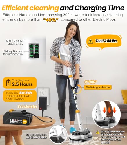 qimedo 800RPM Cordless Electric Mop, 6000mAh Battery Electric Power Scrubber & Mops for Floor Cleaning, Best Automatic Spin Mops with Smart Display,Rotating Mop with LED Light & Water Spray
