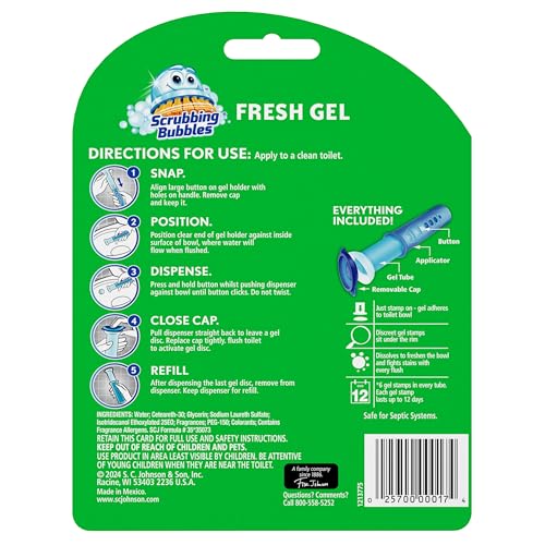 Scrubbing Bubbles Fresh Gel Toilet Bowl Cleaning Stamps, Automatic & Continuous Bathroom Toilet Cleaner Helps Prevent Limescale & Rings, Rainshower Scent, 1 Dispenser with 12 Stamps (6 Count)