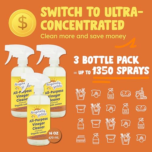Originally Yellow Lemon Vinegar All Purpose Cleaning Spray | Distilled Cleaning Vinegar | Plant-Derived All Purpose Cleaner | Living Room, Bathroom, & Kitchen | 3 Pack