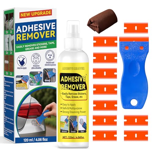 Tiepetly Adhesive Remover Spray 4.06oz, Sticker Remover with Plastic Scraper & 10 Blades, for Tape, Labels, Silicone, Gum & Wax Residue, Safe on Glass, Metal, Plastic (120, Grams)