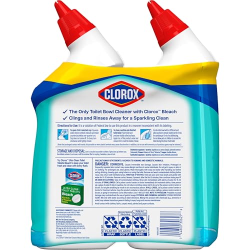 Clorox Toilet Bowl Cleaner Clinging Bleach Gel, Kills 99.9% of Bacteria and Viruses, Ocean Mist, 24 Fl Oz, Pack of 2
