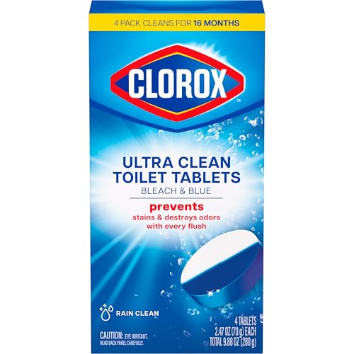 Clorox Ultra Clean Toilet Tablets Bleach & Blue, Rain Clean Scent, Toilet Cleaner Kills 99.9 Percent of Bacteria with the Power of Clorox Bleach, 2.47 oz., 4 Count