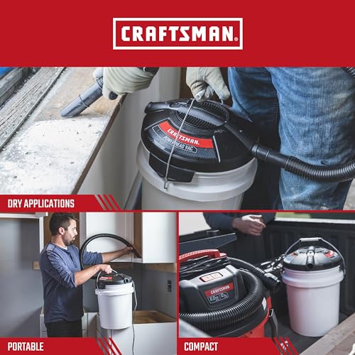 CRAFTSMAN CMXEVBE17678 1.75 Peak HP Wet Dry Vac Powerhead, Portable Shop Vacuum Compatible with a 5 Gallon Bucket (Sold Separately) with Filter Bag and Hose for Jobsite, Outdoor Cleaning