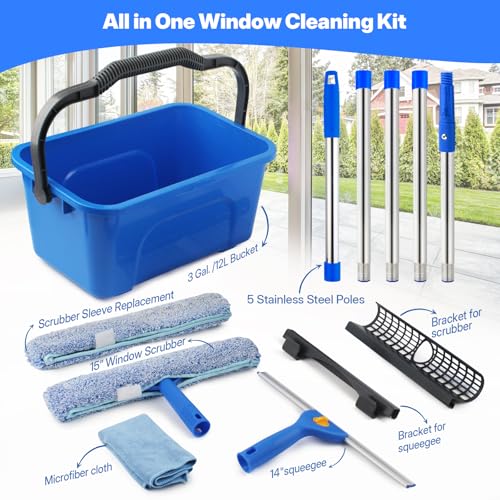 Professional Window Cleaning Kit with Bucket 3 Gallon, 76" Long Handle Window Squeegee and Microfiber Scrubber, High Windows Washing Equipment, Window Cleaner Tool for Commercial, Home, Outdoor, Car