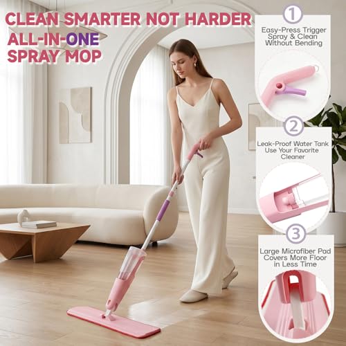 24" Dry mops for Floor Cleaning, Extra-Long Spray runtime & Light Mist Spray mop, Microfiber Wet mop w/ 28oz Tank & 2 Washable Pads, Heavy Duty Flat mop for Hardwood Tile Laminate Vinyl, Large Spaces