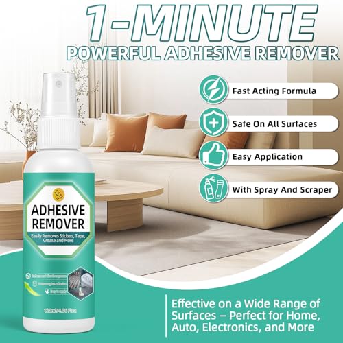 Balldanlu Adhesive Remover Spray, 4.06 Oz Glue Remover with Plastic Scraper and Towel, Surface Safe Sticky Stuff Remover for Car, Windows, Floor, Sticker Remover (1, GREEN) (Small)
