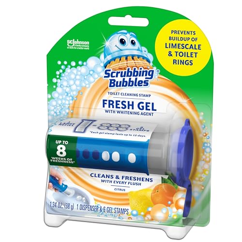 Scrubbing Bubbles Fresh Gel Toilet Bowl Cleaning Stamps, Helps Keep Toilet Clean and Helps Prevent Limescale & Rings, Citrus Scent, 1 Dispenser with 6 Fresh Gel Stamps (Pack of 2)