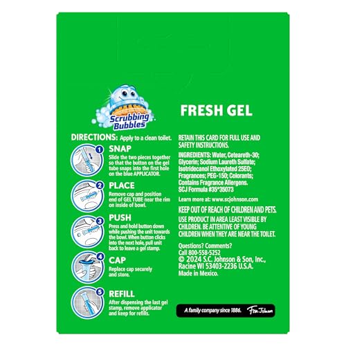 Scrubbing Bubbles Fresh Gel Toilet Bowl Cleaning Stamps, Helps Keep Toilet Clean and Helps Prevent Limescale & Rings, Rainshower Scent, 1 Dispenser with 24 Fresh Gel Stamps