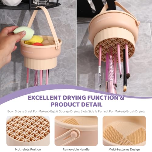 GOLIKEE Makeup Brush Cleaner Mat 3 in 1 Silicone Makeup Brush Cleaner Bowl Cosmetic Brushes Cleaning Tool Organizer for Storage and Air Drying（Khaki）