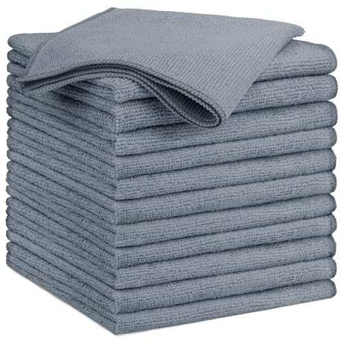 GLIMGLINT Grey Microfiber Cleaning Cloth,12PK Reusable Cleaning Rags, Highly Absorbent Shop Rags Bulk, All-Purpose Car Cleaning Towels for TV Screen, Kitchen, Bathroom, Restaurant Garage, 14"X12"