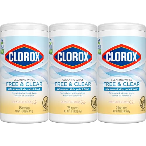 Clorox Free & Clear Cleaning Wipes, Light Lemon Scent, 75 Count, Pack of 3 (Pack May Vary)