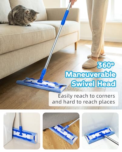 MR.SIGA Professional Microfiber Mop for Hardwood, Laminate, Tile Floor Cleaning, Stainless Steel Telescopic Handle - 3 Reusable Flat Mop Refills and 1 Dirt Removal Scrubber Included