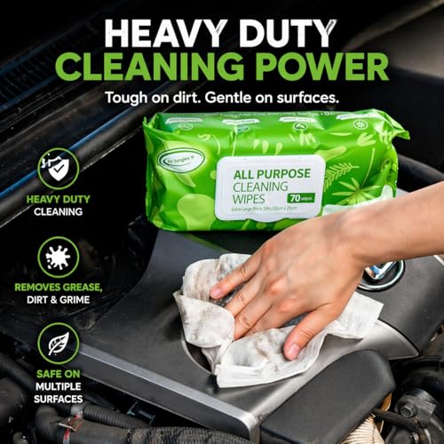 Air Jungles All Purpose Cleaning Wipes 70 Count, Extra Large 8" x 10" Heavy Duty for Car Interior, Kitchen, Bathroom, Gym Equitment, Tools - Non-Toxic Safe for Multi-Surface