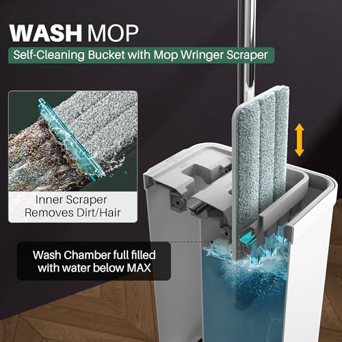 JOYMOOP Flat Mop System, Microfiber Mop and Bucket Set, White, Commercial & Household Use, Hardwood Floor & Wall Cleaning Mop with Long Handle, 4 Microfiber Pads