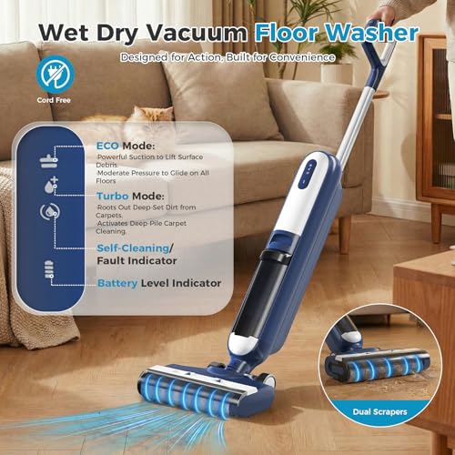 KMFurnila Wet Dry Vacuum Cleaner, Cordless Floor Washer, Vacuum and Mop All in One with Auto Self-Cleaning, Dual Water Tank & Tangle-Free Brush Design, Dual-Edge Cleaning, Up to 35-Minute Runtime