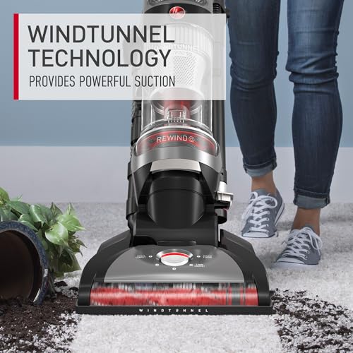 Hoover WindTunnel Cord Rewind Pro Bagless Vacuum Cleaner, Corded Upright Vacuum Cleaner for Carpet and Hard Floor, Multi-Cyclonic Filtration, 25ft Auto-Rewind Cord, 5-Height Adjustment