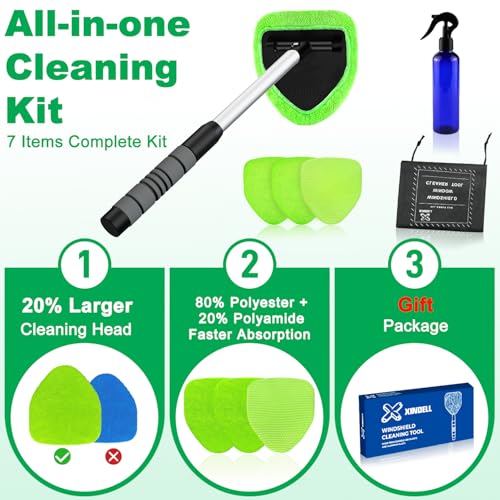 XINDELL Windshield Cleaner Tool – Car Interior Window Cleaning Kit with Extendable Handle & 4 Microfiber Pads, Auto Wiper Inside Windshield Brush for Car & Home Windows
