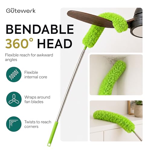 Gütewerk Extendable Microfiber Duster, 100 Inch - Feather Dusters for Cleaning Ceiling Fans, Blinds, Baseboards & High Ceilings - Washable, Electrostatic, 360° Bendable Head, Stainless Steel Pole