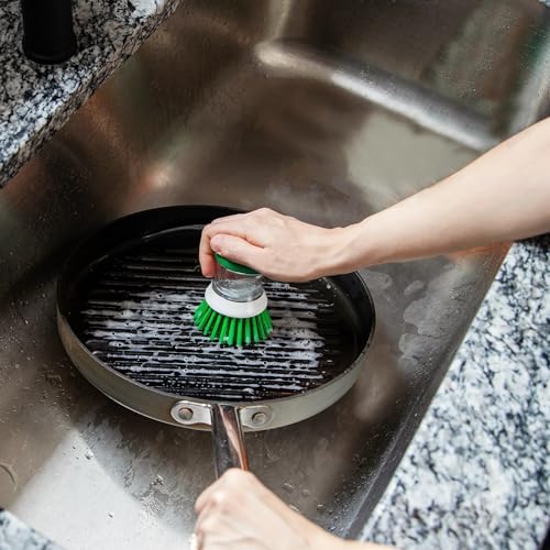 Libman Palm Brush with Soap Dispenser – Dish Brush for Pots, Pans & Kitchen Sink Cleaning – Ergonomic Grip, Non-Leaking Button, Durable Angled Bristles – Recycled PET Fibers – 4” x 3.25”