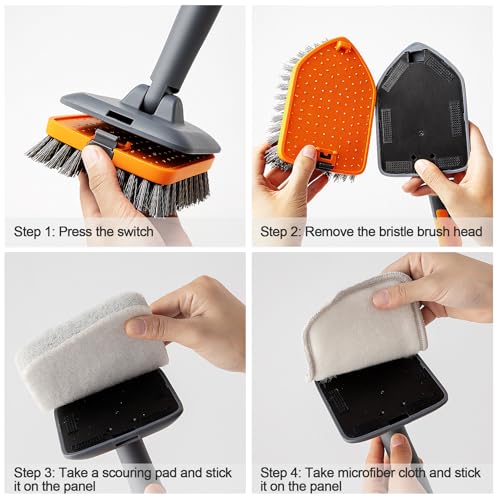 CLEANHOME Tile Tub Scrubber Brush with 3 Different Function Cleaning Heads and 56" Extendable Long Handle-No Scratch Shower Scrubber for Cleaning Bathroom Kitchen Toilet Wall,Bathtub,Sink,Grey