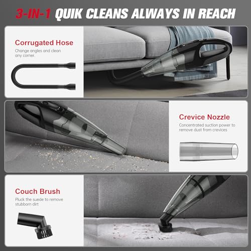 BSRCO Handheld Vacuum Cordless Rechargeable, 3-in-1 Car Vacuum Portable with LED Light & USB Charge, 1.65Lbs Lightweight Hand Vacuum Cleaner for Pet Hair, Home, Car Interior