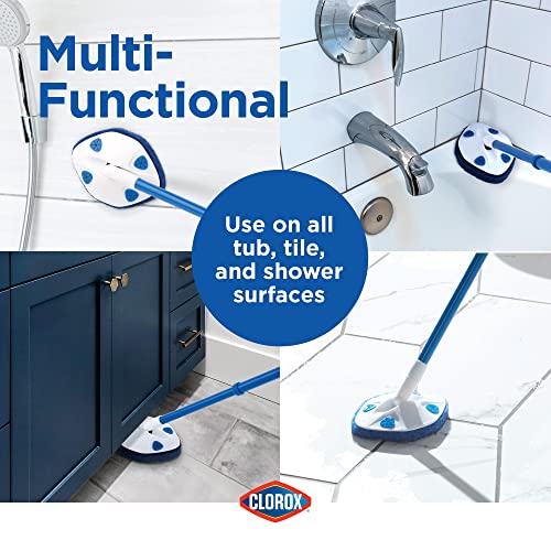Clorox Extendable Tub & Tile Scrubber with Polyurethane Head – Heavy Duty Bathroom Cleaning Brush with Bonus Refill, Pivoting Head, Replaceable Pad, Works with Clorox Wipes