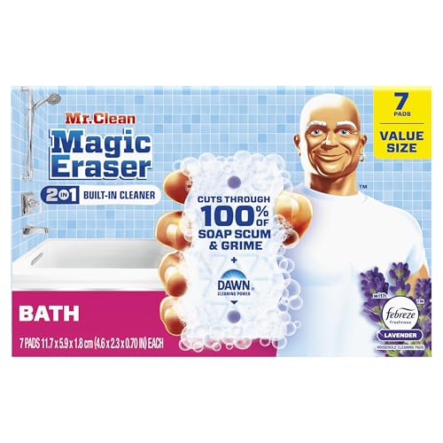 Mr. Clean Magic Eraser Sponge, Bathroom Cleaner, Shower Cleaner, Tub Cleaner, Soap Scum Remover, Bathroom Cleaning Supplies, Dawn Cleaning Power with Febreze Lavender Scent, 2 in 1 Bath, 7ct