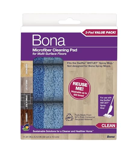 Bona® Microfiber Cleaning Pads for use with Swiffer® WETJET® Spray Mop only, 3 Pack, Washable & Reusable up to 500 Times