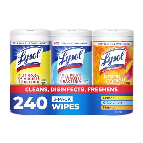 LYSOL Disinfecting Wipes, All Purpose Cleaner, Multi-Surface Antibacterial Cleaning Wipes, Household Cleaning Supplies, Dorm Essentials, Lemon + Crisp Linen + Mango & Hibiscus Scent, 80 ct. (3 Pack)