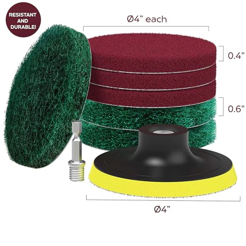 4 Inch Drill Powered Brush Tile Scrubber Scouring Pads,6 Scrubbing Pads with 4 Inch Pad Holder,1Quick Change Hex Shaft for Kitchen Bathroom Grout Tub Grill Cleans Large Flat Areas
