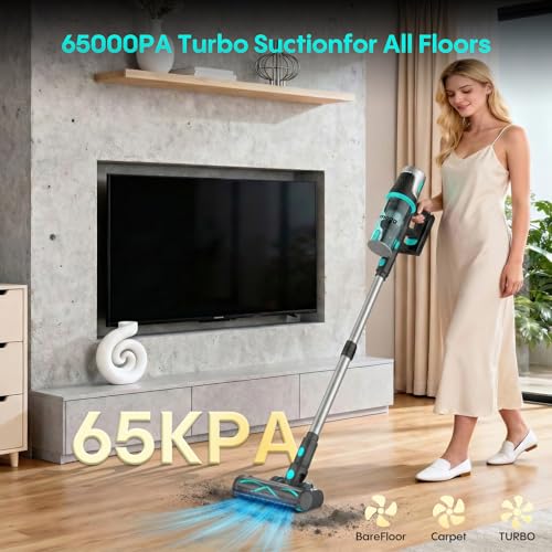 Bagotte Cordless Vacuum Cleaner,65KPa 65Mins Stick Vacuum with Self-Standing,Anti-Tangle Touch Screen LED Display, Detachable Battery Pack, Rechargeable Vacuum for Floor/Carpet/Pet Hair