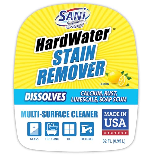 SANI 360° Hard Water Stain Cleaner (32 oz) 60 second multi-surface sealant and cleaner. Reduces buildup, calcium, limescale, rust, and soap scum. Lemon scent MADE IN USA