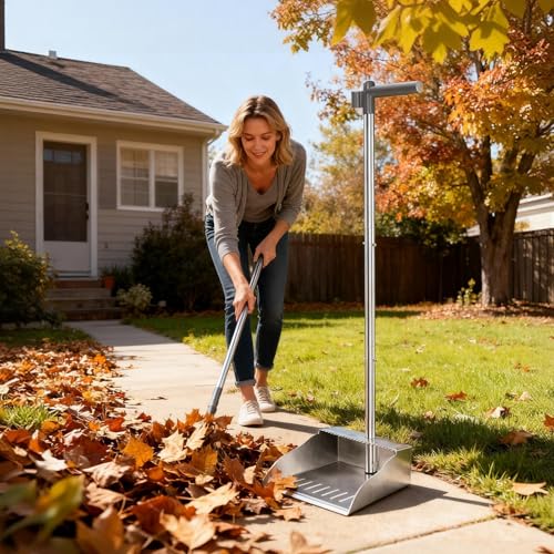 Metal Dust Pans with Long Handle,Heavy Duty Dust Pan with Handle,Upright Stand Up Dustpan with Dust Pan Teeth to Clean Hair for Home Kitchen Office Lobby Floor Garden