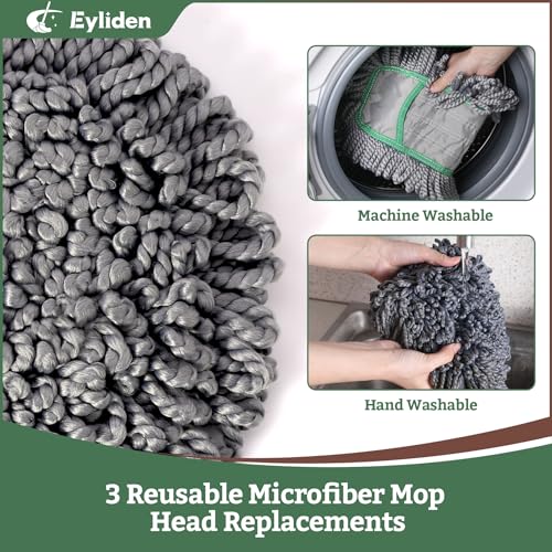 Eyliden Pro Dust Mop for Floor Cleaning | Dry Mop with 3 Reusable Microfiber Pads, Pet Hair Removal, Spill Absorption | One-Click Replacement, Telescopic Handle for Home and Commercial Use, Grey+Green