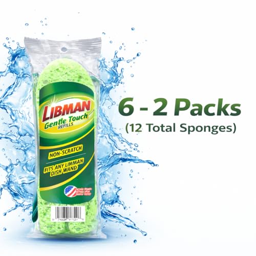Libman 1131 Gentle Touch Dish Wand Refills, Non-Scratch Cellulose Sponge Heads with Scraper, Fits Libman #1130 Foaming Dish Wand, Made in USA, 12 Refills Total