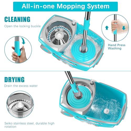 FunClean Spin Mop and Bucket for Home Cleaning, 360° Rotating Floor Mop with Wringer, Adjustable 61" Handle for Back Pain Relief, 6 Microfiber Replacement Heads, 2 Easy-Move Wheels - Blue