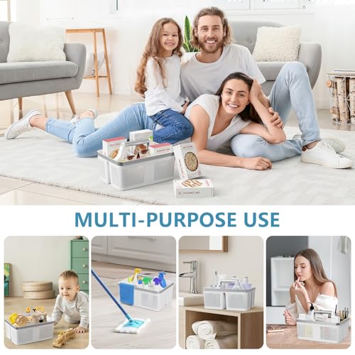 BYUNER Plastic Shower Caddy Dorm: Portable Bathroom Caddy Organizer with Handle and Holes, Cleaning Basket, Hard Shower Basket Storage Tote for Toiletry, College Dorm Room Essentials White/Silver