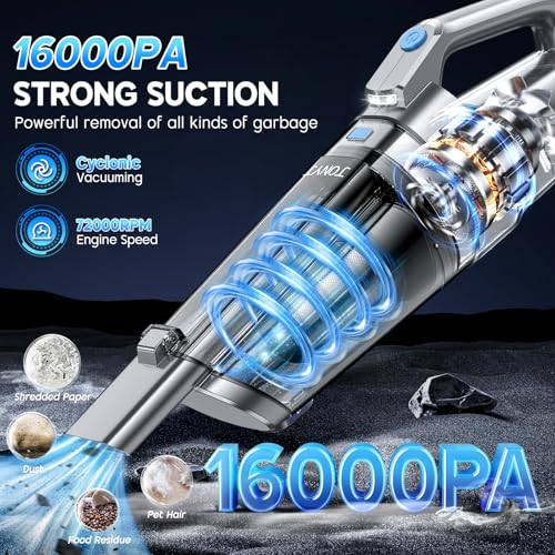 JONYJ Handheld Vacuum Cordless, 16000PA Strong Suction Hand Held Car Vacuum Cleaner, Portable Hand Vacuum Rechargeable with Multi-Nozzles & LED Light for Home, Car, Office, Pets