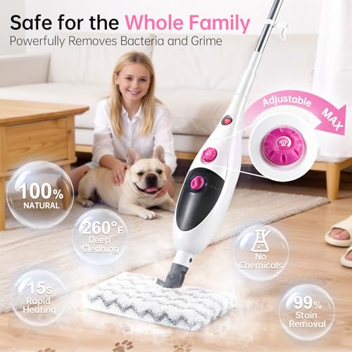 12-in-1 Steam Mop Cleaner, 15-Sec Fast Heat-Up, 1200W Floor Steamer with Double-Sided Pads, Removes 99.99% Stubborn Stains for Hardwood Floors, Marble, Clothes, Windows, Tiles, White