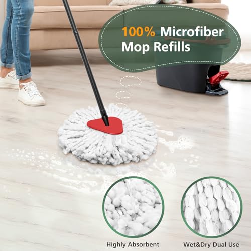4 Pack Spin Mop Refill Replacement Head Compatible with EasyWring Spinning Mop, with 1 Swivel Mop Base, 100% Microfiber Deep Cleaning Machine Washable - White (1-Tank System)
