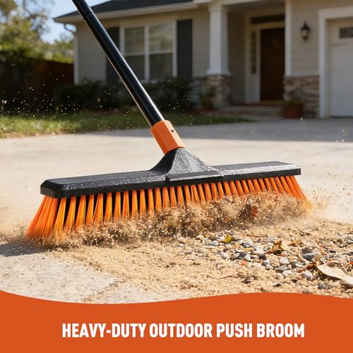 CLEANHOME 18" Push Broom Outdoor for Floor Cleaning with Extendable Long Handle, Stiff Bristle Heavy Duty Broom for Bathroom, Kitchen, Tub, Tile, Patio, Deck, Concrete, Industrial