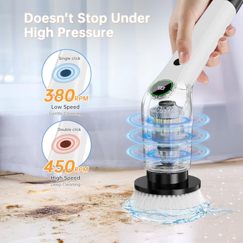 PUFTEM Electric Spin Scrubber, Cordless Shower Scrubber with 8 Scrub Brush, 2 Speed with Adjustable Extension Handle, Battery Level Display, Power Scrubber for Bathroom Bathtub Tile Floor (Black)