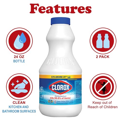 Clorox Regular Disinfecting Bleach Cleaner, 2 Pack Concentrated Liquid Bleach, Removes Mold, Mildew and Stains, Whitens, for Multi Purpose Cleaning and Laundry, 24 oz Bottles